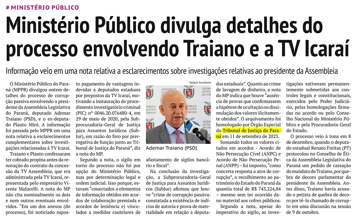 Ministério Público divulga detalhes do processo envolvendo Traiano e a TV Icaraí