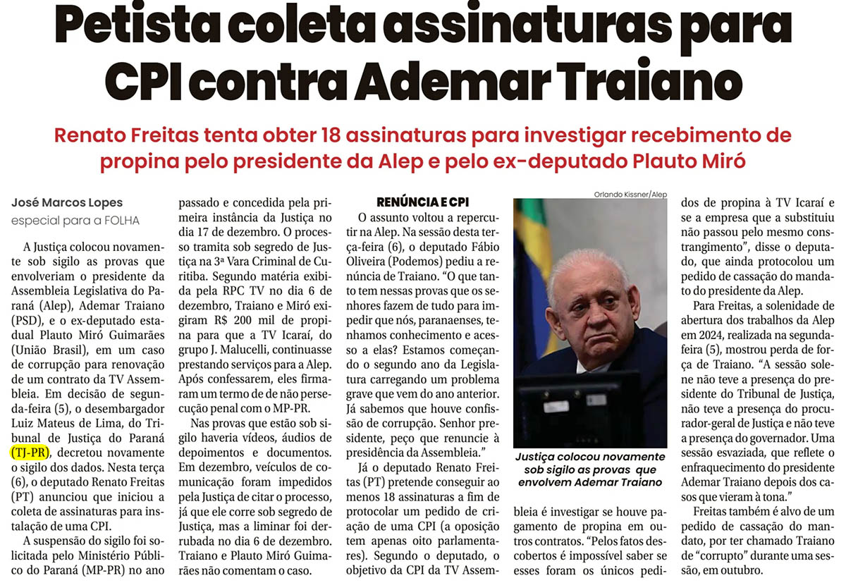 Petista coleta assinaturas para CPI contra Ademar Traiano