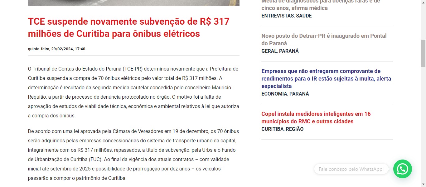 TCE suspende novamente subvenção de R$ 317 milhões de Curitiba para ônibus elétricos - image 0