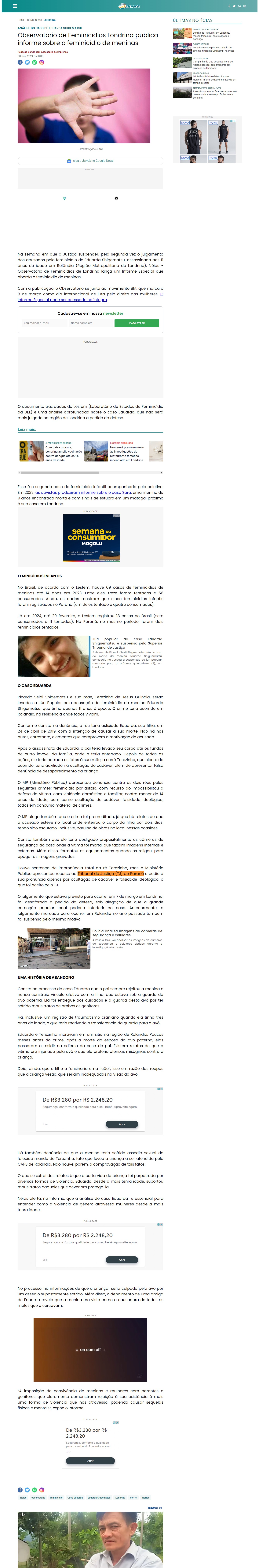 Observatório de Feminicídios Londrina publica informe sobre o feminicídio de meninas