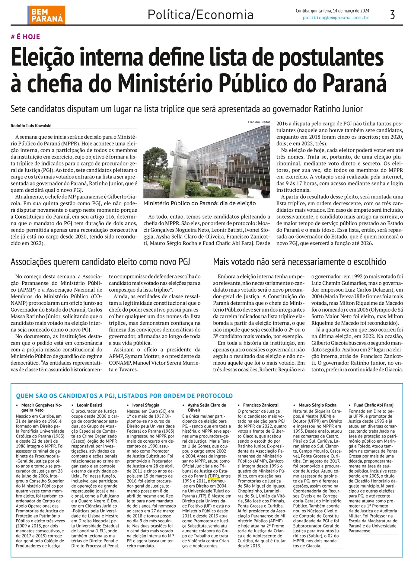 Eleição interna define lista de postulantes à chefia do Ministério Publico do Paraná