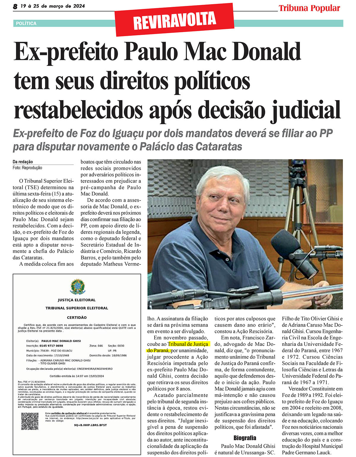 Ex-prefeito Paulo Mac Donald tem seus direitos políticos restabelecidos após decisão judicial - image 1