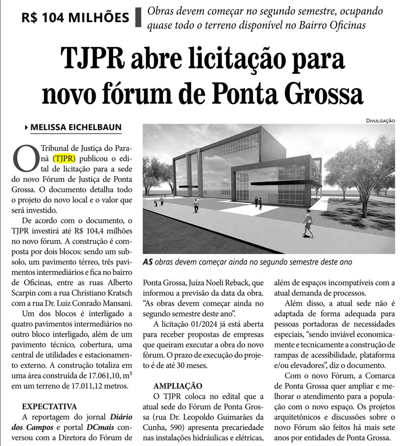 TJPR abre licitação para novo fórum de Ponta Grossa - image 1