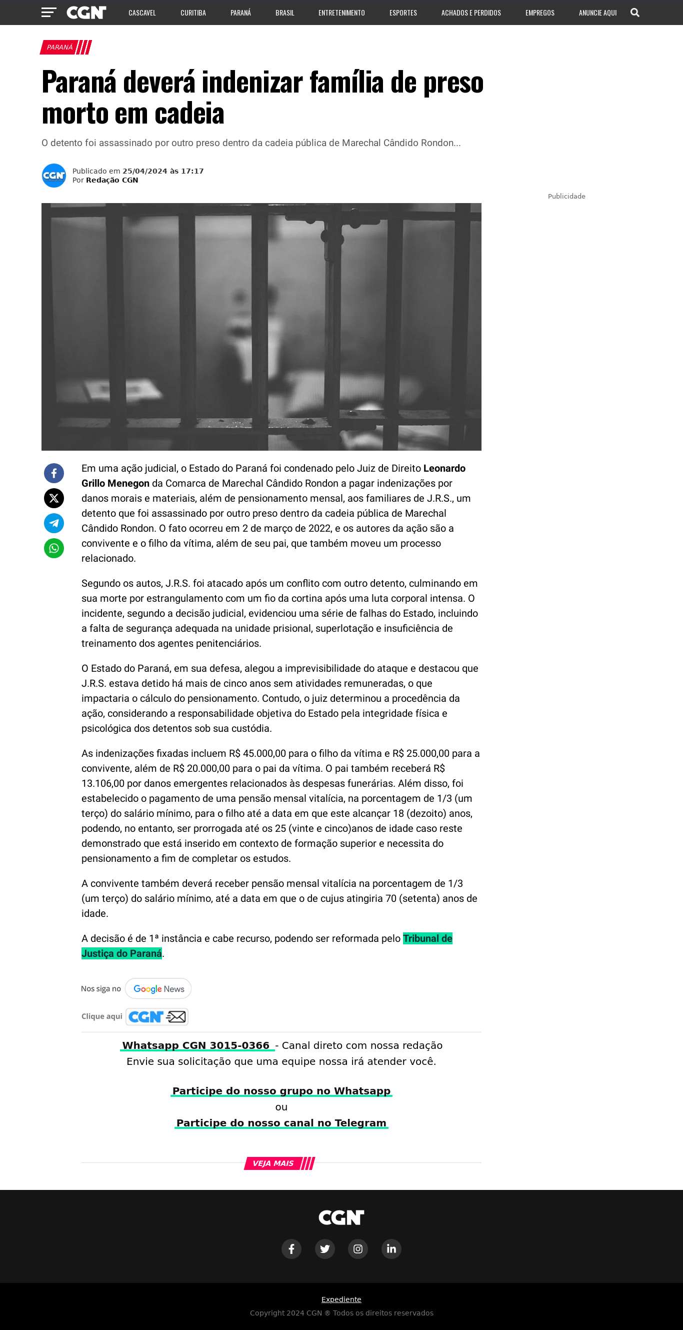 Paraná deverá indenizar família de preso morto em cadeia